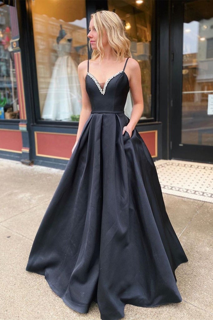 Simple Black Satin Prom Dresses V Neck Spaghetti Straps Long Evening G