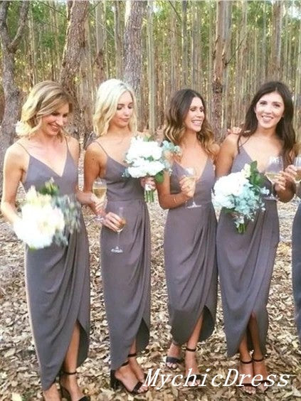 Simple Dark Grey Chiffon Bridesmaid Dresses V Neck Wedding Guest