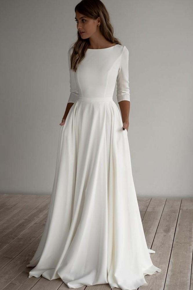 Simple Floor Length 3/4 Sleeves Satin Modest Wedding Dresses with Pockets US16 / Champagne Simple Floor Length 3/4 Sleeves Satin Modest Wedding Dresses with Pockets US16 / Champagne