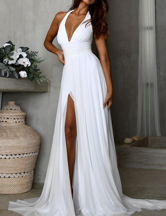 Simple Long Chiffon White Beach Minimalist Wedding Dresses Summer Maxi Dresses Custom Color / Custom Size Simple Long Chiffon White Beach Minimalist Wedding Dresses Summer Maxi Dresses Custom Color / Custom Size