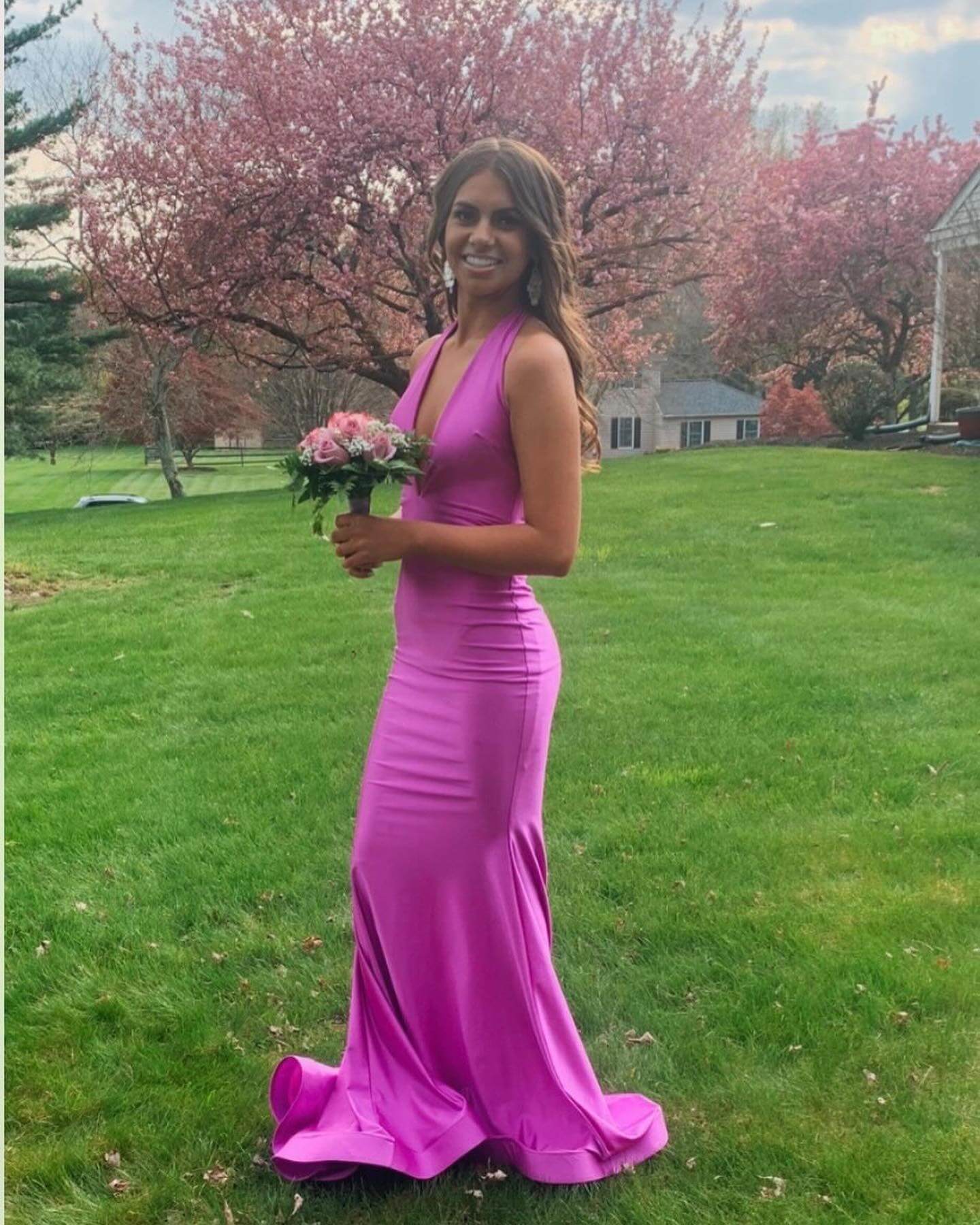 basic prom dresses Simple Long Prom Dresses V Neck Mermaid Sleeveless Formal Dress Hot Pink / Custom Size
