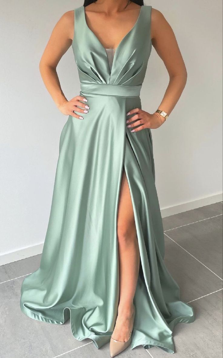 Simple Long Satin Sage Green Wedding Guest dresses Sleeeless with Spllit US8 / Same as Picture Simple Long Satin Sage Green Wedding Guest dresses Sleeeless with Spllit US8 / Same as Picture