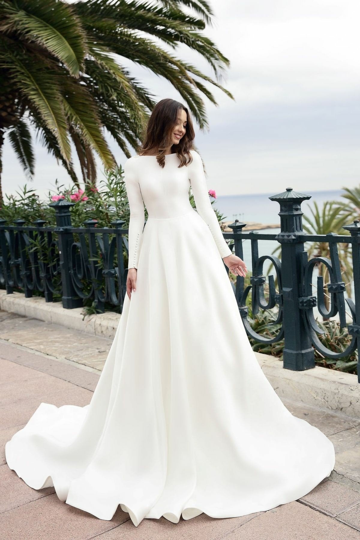 Simple Long Sleeves Ivory Satin Modest Wedding Dresses V Neck Back US4 / Custom Color Simple Long Sleeves Ivory Satin Modest Wedding Dresses V Neck Back US4 / Custom Color