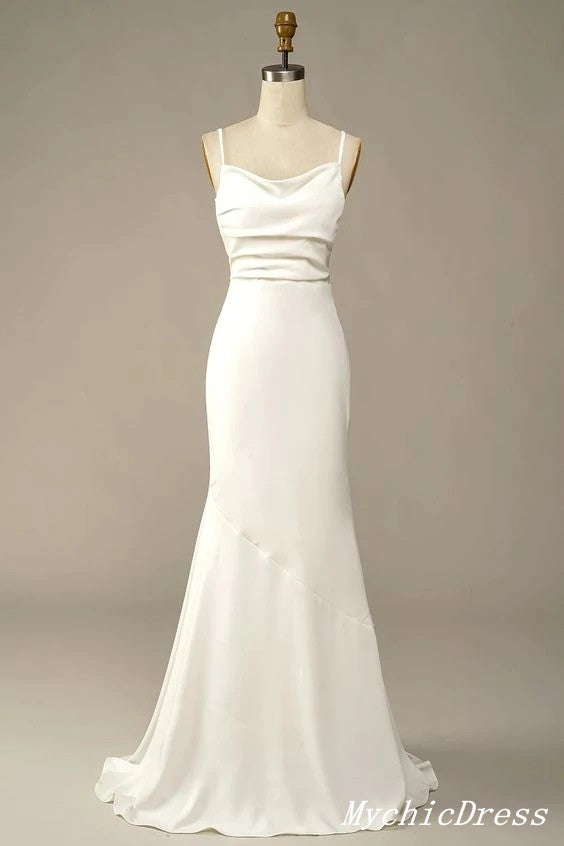 Simple Long Soft Satin Ivory Beach Wedding Dresses Summer Wedding Gown UK US10 / Ivory Simple Long Soft Satin Ivory Beach Wedding Dresses Summer Wedding Gown UK US10 / Ivory