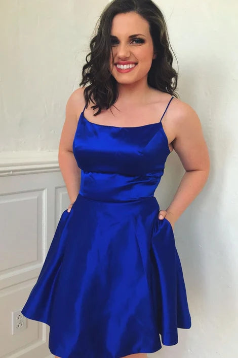 short satin dress with pockets Simple Short Homecoming Dresses Satin Square Party Dress with Pockets US6 / Royal Blue