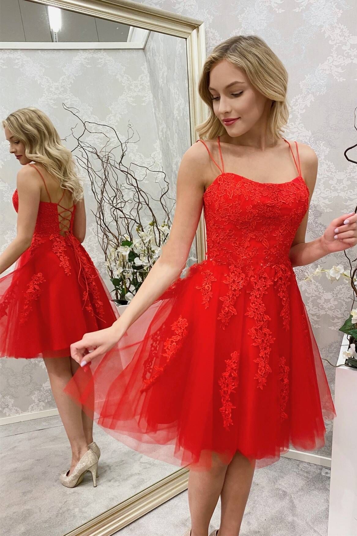 Simple Spaghetti Straps Red Lace Short Homecoming Dresses Simple Spaghetti Straps Red Lace Short Homecoming Dresses