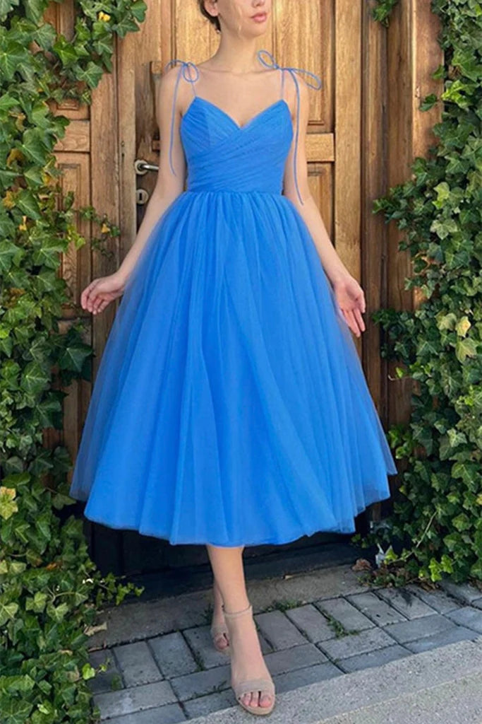 Simple V Neck Blue Tulle Prom Dress Tea Length Short Wedding Guest