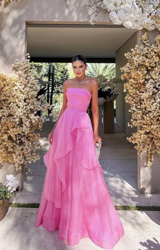 Simple A Line Tulle Ruffle Pink Prom Dresses Strapless Modest Formal E –  MyChicDress