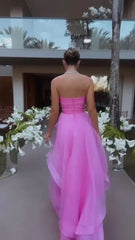 Simple A Line Tulle Ruffle Pink Prom Dresses Strapless Modest Formal Evening Dresses