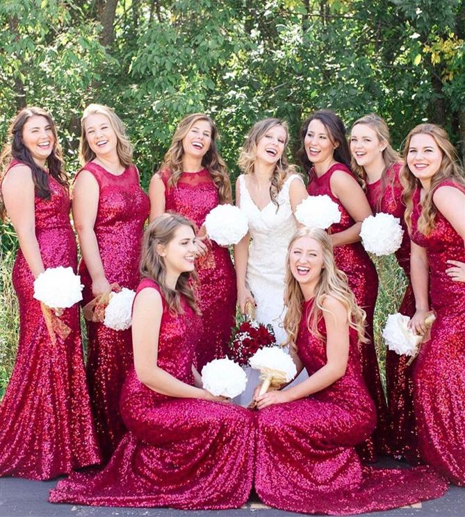 red sequin bridesmaid dresses Sleeveless Mermaid Sequin Red Bridesmaid Dresses Round Neck US4 / Custom Color