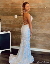 Spaghetti Straps White Iridescent Sequin Prom Dresses Cross Back Mermaid Evening Gown MyChicDress