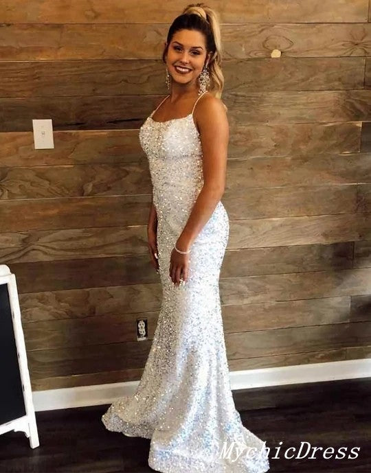 white sparkly prom dress Sequin Evening with Cape Sleeves - White Sequin Dress with High Neckline and Mermaid Silhouette line skirts and white ball gowns for prom. White Mermaid Sparkles Long Prom