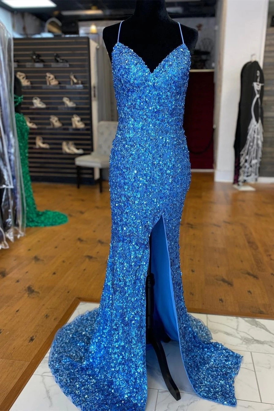 Sparkle Blue Sequin Prom Dresses Iridescent Mermaid Long Formal Dresse