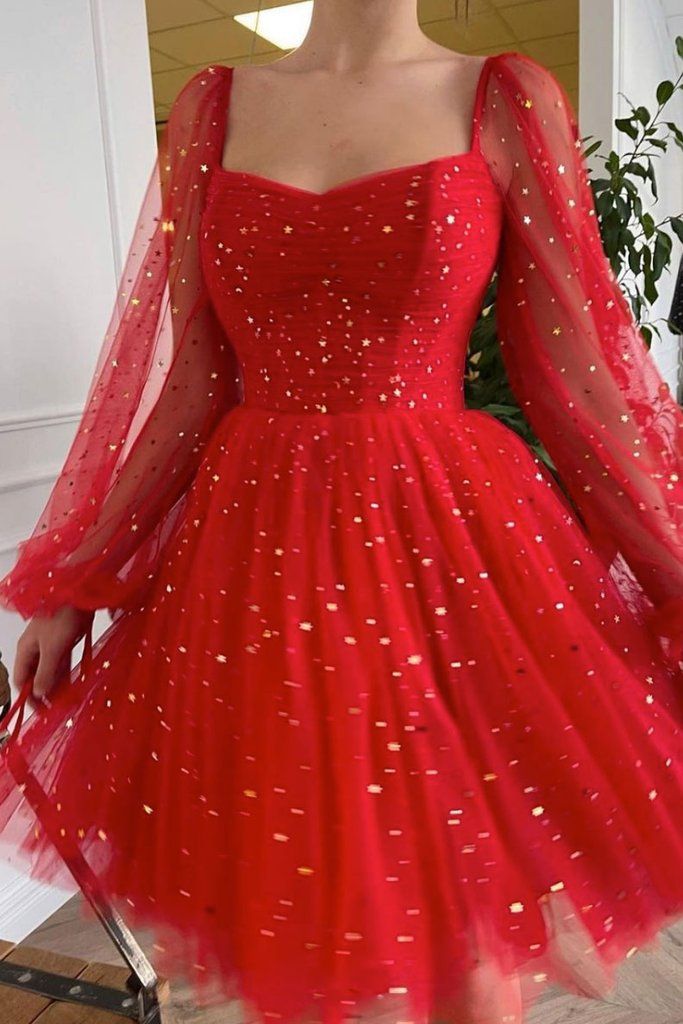 Sparkle Short Red Tulle Prom Dress Long Sleeves Wedding Guest Dress Red / US6 Sparkle Short Red Tulle Prom Dress Long Sleeves Wedding Guest Dress Red / US6
