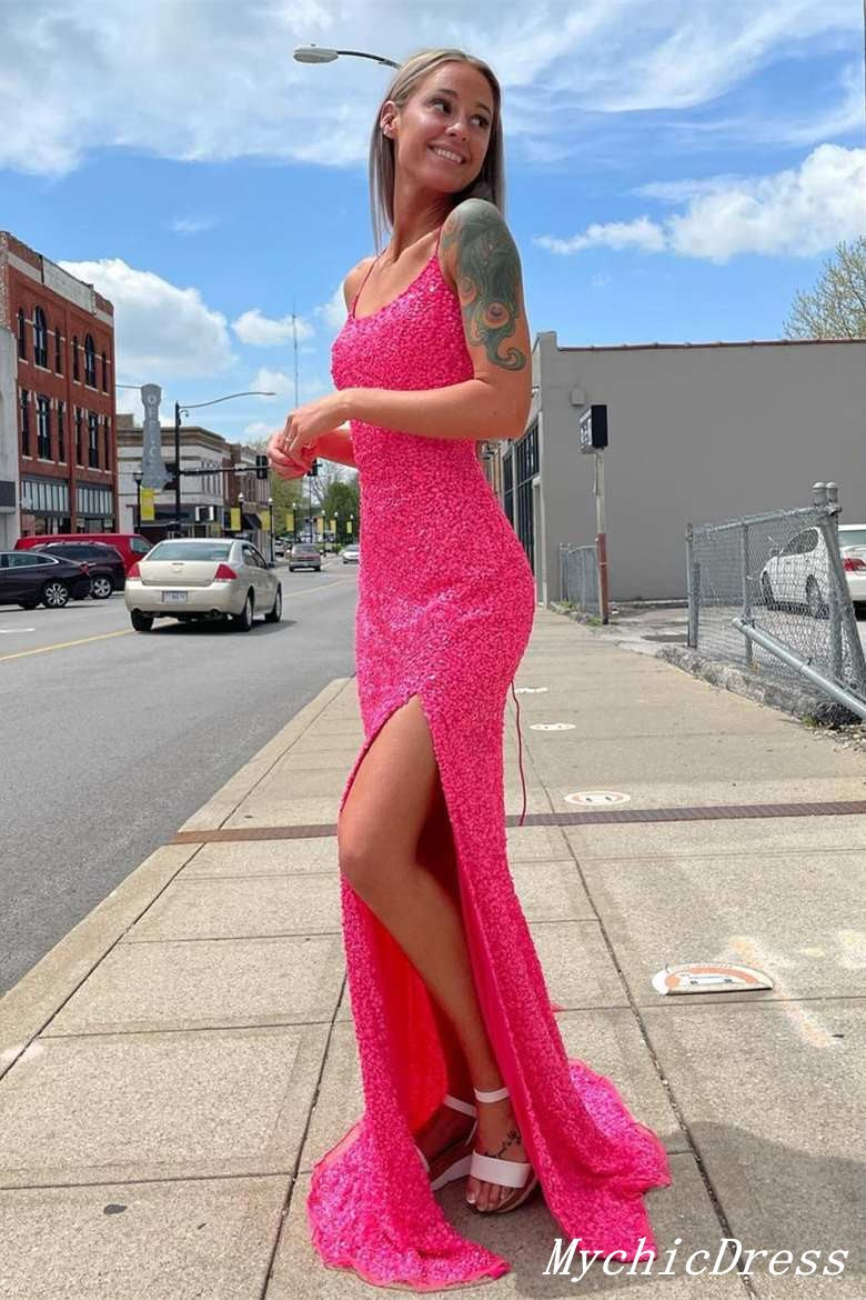 Sparkling Hot Pink Sequin Prom Dresses Spaghetti Straps with Slit Pink / US0 Sparkling Hot Pink Sequin Prom Dresses Spaghetti Straps with Slit Pink / US0