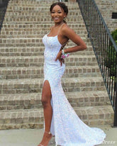 Sparkling Spaghetti Straps Long Sequin White Iridescent Prom Dresses UK MyChicDress