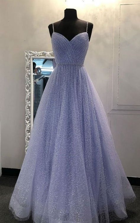 Sparkly A Line Sequin Long Prom Dresses with Beaded Belt Blue / US16 Sparkly A Line Sequin Long Prom Dresses with Beaded Belt Blue / US16
