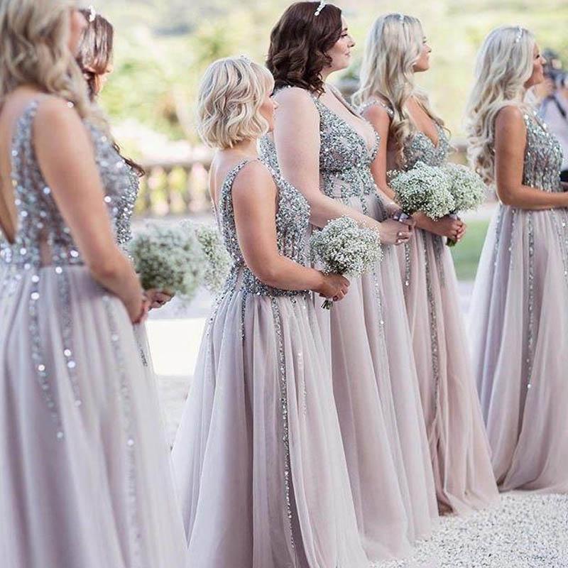 Sparkly Beaded V-Neck Long Sequined Tulle Bridesmaid Dresses US6 / Same as picture Sparkly Beaded V-Neck Long Sequined Tulle Bridesmaid Dresses US6 / Same as picture