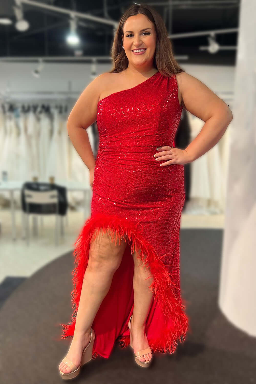 Sparkly One Shoulder Burgundy Plus Size Prom Dresses Sequins Long with Feathers Burgundy / US14