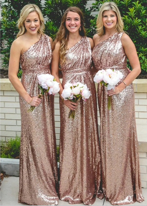 Rose Gold Sequin Bridesmaid Dress One-shoulder Long Wedding Party Dress Custom Color / 12 Rose Gold Sequin Bridesmaid Dress One-shoulder Long Wedding Party Dress Custom Color / 12