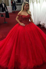 Sparkly Red Ball Gown Wedding Dresses Sweetheart Off Shoulder Sequins Quince Dress