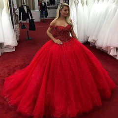 Sparkly Red Ball Gown Wedding Dresses Sweetheart Off Shoulder Sequins Quince Dress