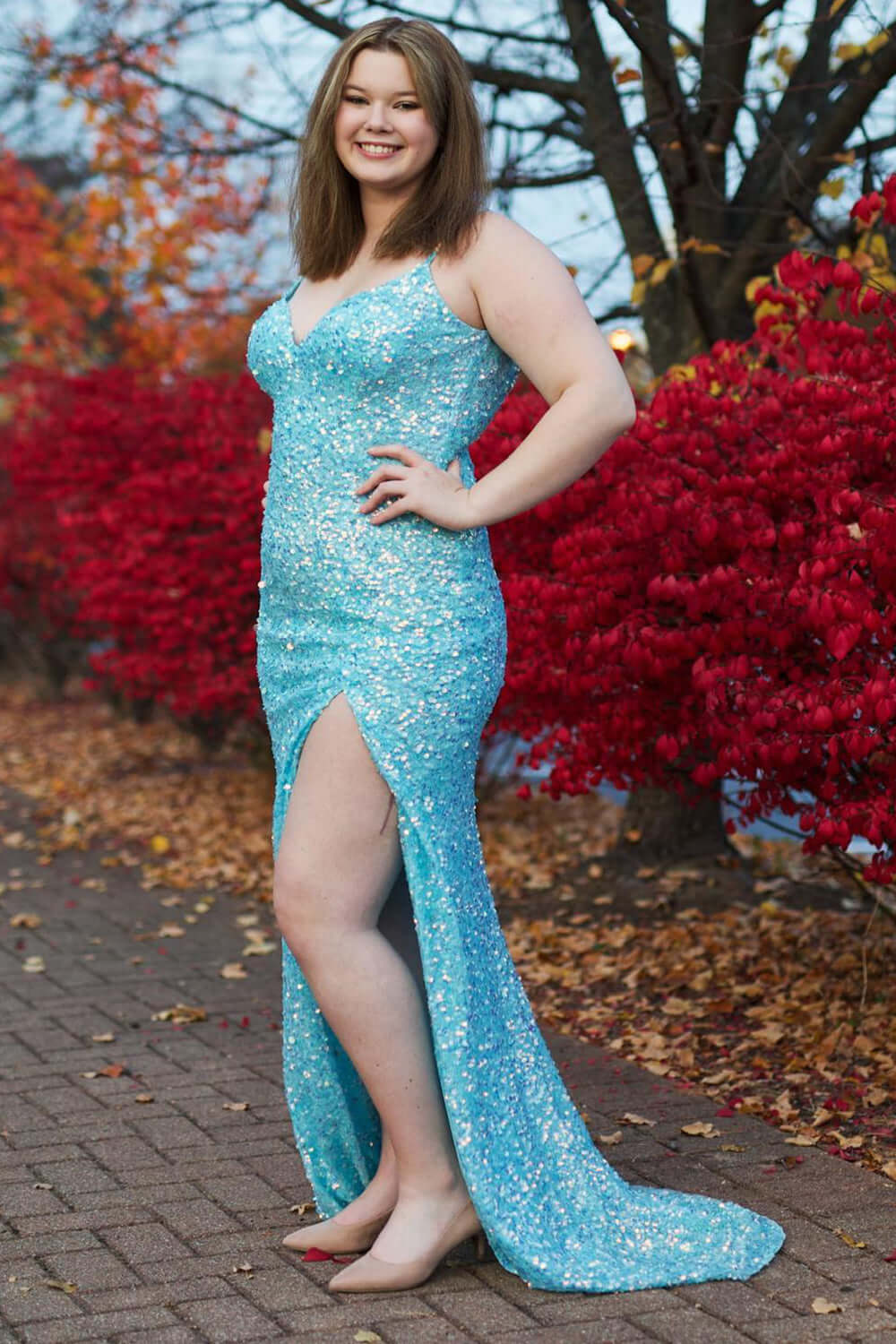 Sexy Light Sky Blue Spaghetti Straps Thigh-high Slit Prom Dress