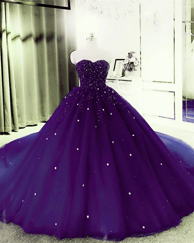 Sweetheart Crystals Prom Dresses Ball Gown Beaded Purple