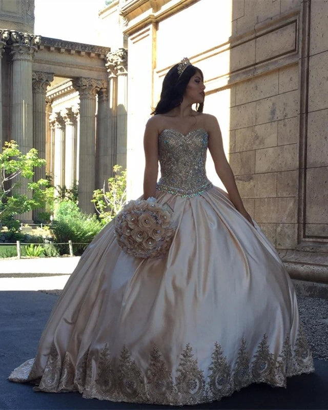 Sweetheart Embroidery Satin Champagne Quinceanera Dresses Lace Ball Gowns Champagne / 16 Sweetheart Embroidery Satin Champagne Quinceanera Dresses Lace Ball Gowns Champagne / 16