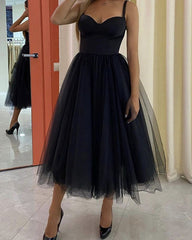 Tea Length Sweetheart Corset Tulle Little Black Dresses For Wedding Guest