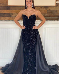 Long BlackTight Mermaid Prom Dresses 2024 Sparkly V Neck  Formal Dress with Skirt