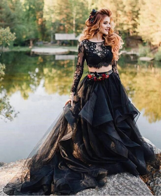Two Piece Long Sleeves Lace Tulle Black Gothic Wedding Dress