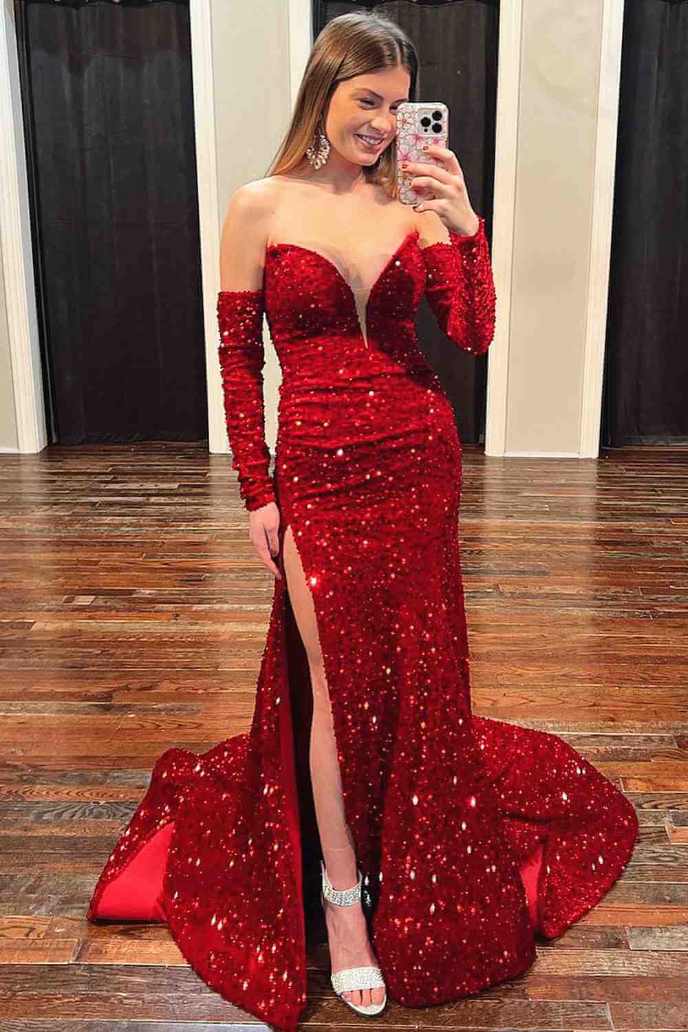 Long Sleeve Mermaid Prom Dresses Long Red Lace Gorgeous Formal