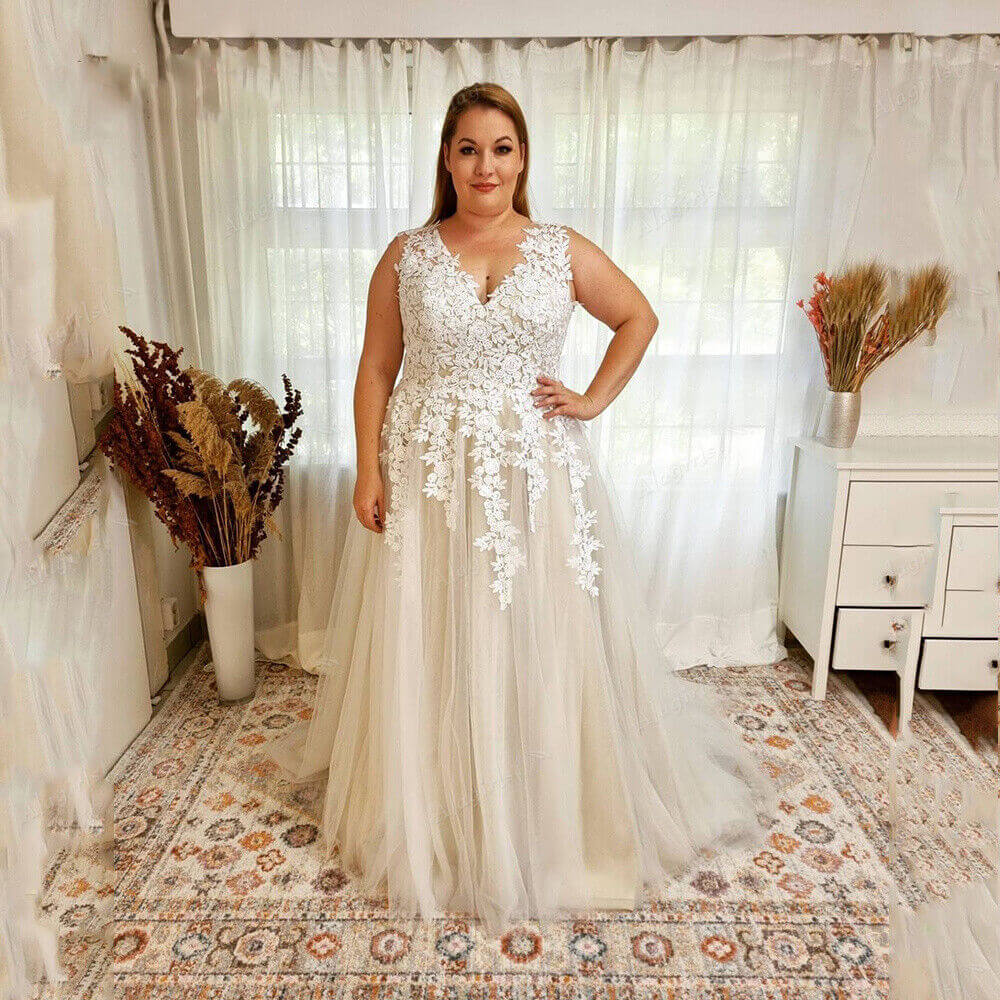 Neck Lace Plus Wedding Dresses Beach Appliques A Line Boho Brid – MyChicDress