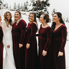 Long Sleeves Burgundy Velvet Bridesmaid Dresses for Fall Winter Wedding