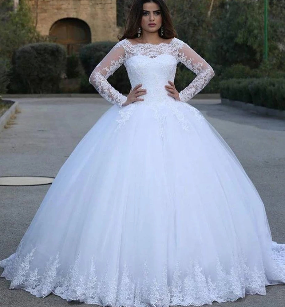 Vintage Long Sleeves Wedding Dresses Lace Winter Ball Gown Formal Party Dress MyChicDress