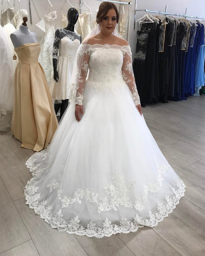 Vintage Off The Shoulder Lace Plus Size Wedding Dresses Long Sleeves US2 / Ivory Vintage Off The Shoulder Lace Plus Size Wedding Dresses Long Sleeves US2 / Ivory