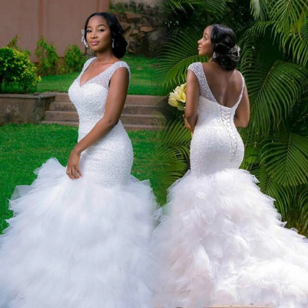 Vintage Sequin Mermaid South Africa Wedding Dresses with Ruffles Train MyChicDress
