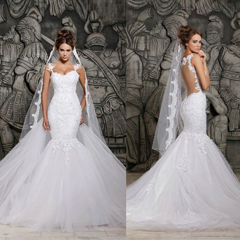 White Mermaid Tulle Lace Bridal Gowns,Free Wedding Veil – MyChicDress