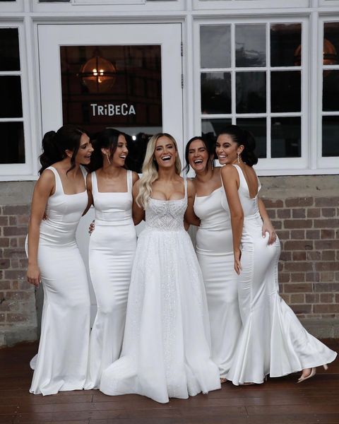 White Satin Bridesmaid Dresses Mermaid Square Floor Length Wedding Guest Dress US4 / Same as Picture