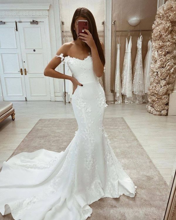 mermaid dresses for wedding White Satin Wedding Dresses Appliques Mermaid Off the Shoulder Prom Dress Custom Size / Same as Picture