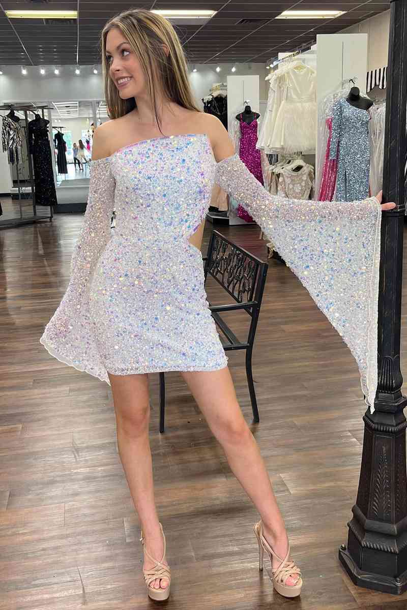 White Short Homecoming Dress Long Puff Sleeves Fitted Sequins Prom Dress Custom Color / US16
