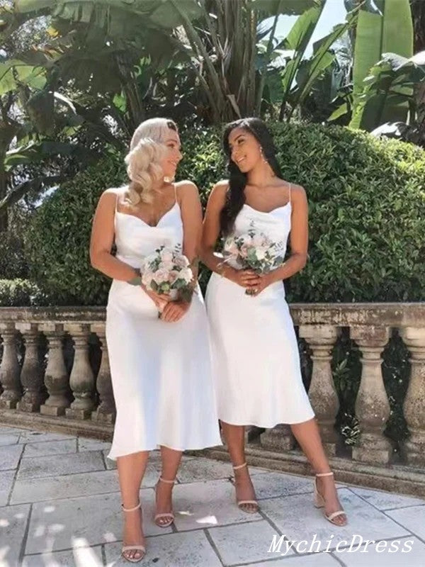 White Spaghetti Straps Simple Short Satin Beach Bridesmaid Dresses US8 / Custom Color White Spaghetti Straps Simple Short Satin Beach Bridesmaid Dresses US8 / Custom Color