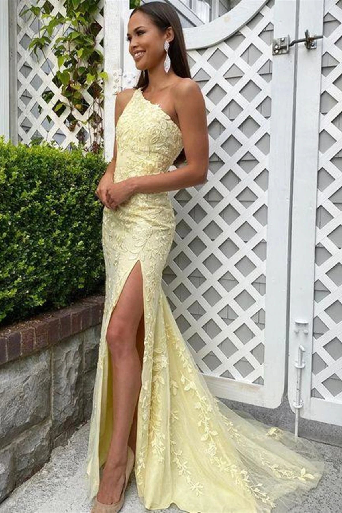 Pastel Yellow Lace One Shoulder Prom Dresses Long Mermaid Formal