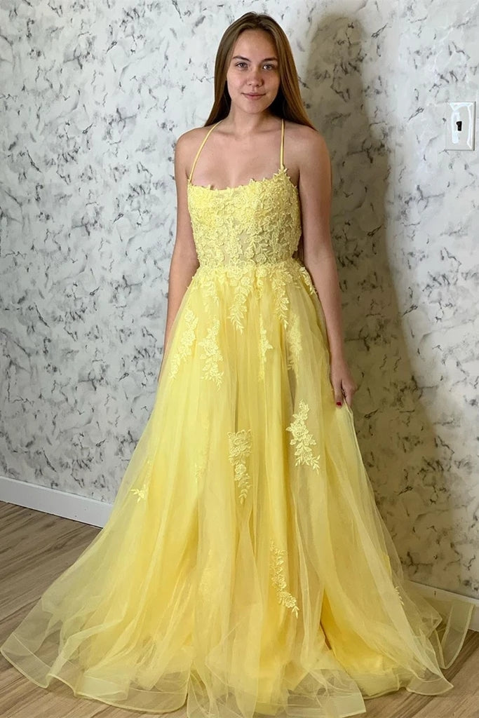 Yellow Prom Dresses Lace Floral A Line Open Back Split Formal