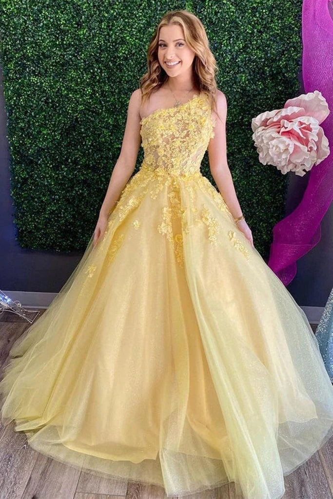 Yellow Lace One Shoulder Prom Dresses A Line Evening Gowns – MyChicDress