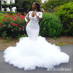 African White Mermaid Wedding Dresses Long Sleeve Lace Bridal Gown