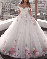 Off Shoulder Floral Flowers Ball Gown Wedding Dresses Tulle Beaded