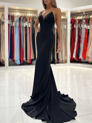 Simple Cheap Black Evening Dresses Mermaid V Neck Satin Prom Dress