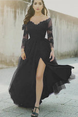 Sexy A Line Black Lace Long-Sleeved Slit Prom Evening Dresses